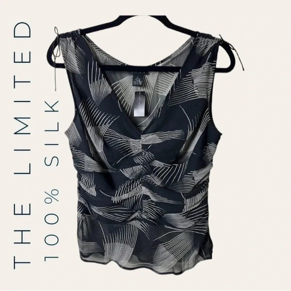 0966. THE LIMITED‎ 100% SILK TOP BLACK/WHITE RUCHING SHEER SIZE LARGE - Picture 1 of 9